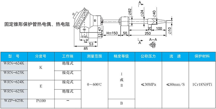 電站測溫熱電偶固定錐形保護管規(guī)格表
